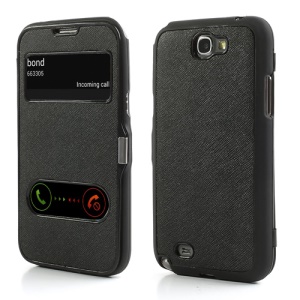 Cross Pattern TPU Jelly Flip Case with Table Talk Caller ID Window for Samsung Galaxy Note 2 / II N7100 - Black
