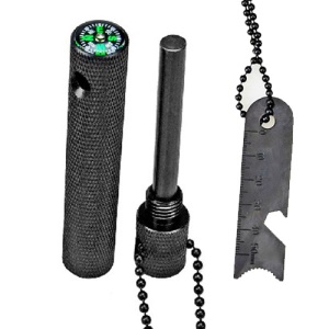 Multifunction Outdoor Survival Columned Flint Fire Starter Compass Ruler Bottle Opener - Black