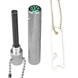 Multifunction Outdoor Survival Columned Flint Fire Starter Compass Ruler Bottle Opener - Silver