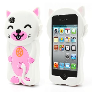 3D Cute Happy Cat Shaped Silicone Case Cover for iPhone 4 4S - White