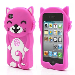 3D Cute Happy Cat Shaped Silicone Case Cover for iPhone 4 4S - Rose