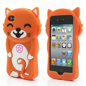 3D Cute Happy Cat Shaped Silicone Case Cover for iPhone 4 4S - Orange
