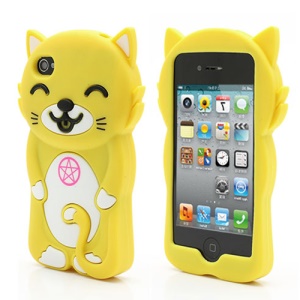3D Cute Happy Cat Shaped Silicone Case Cover for iPhone 4 4S - Yellow