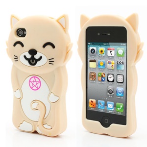 3D Cute Happy Cat Shaped Silicone Case Cover for iPhone 4 4S - Beige