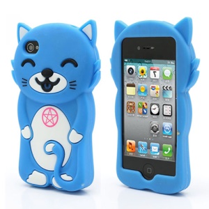 3D Cute Happy Cat Shaped Silicone Case Cover for iPhone 4 4S - Blue