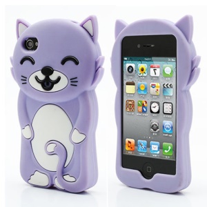 3D Cute Happy Cat Shaped Silicone Case Cover for iPhone 4 4S - Purple