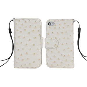 Skidproof Ostrich Grain Credit Card Wallet Leather Case with Strap for iPhone 4 4S - White