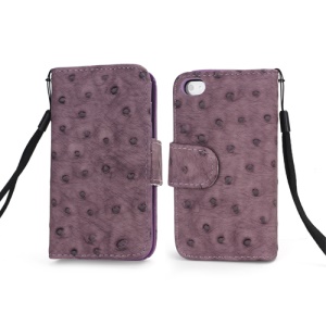 Skidproof Ostrich Grain Credit Card Wallet Leather Case with Strap for iPhone 4 4S - Purple