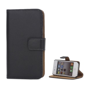 Genuine Split Leather Magnetic Folio Wallet Stand Case for iPhone 4 4S - Black