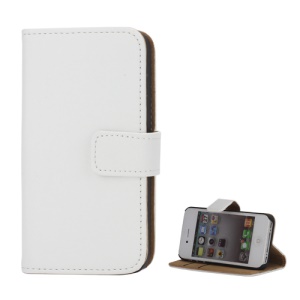 Genuine Split Leather Magnetic Folio Wallet Stand Case for iPhone 4 4S - White