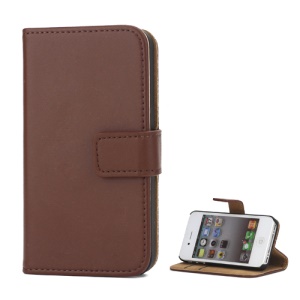 Genuine Split Leather Magnetic Folio Wallet Stand Case for iPhone 4 4S - Coffee
