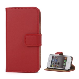 Genuine Split Leather Magnetic Folio Wallet Stand Case for iPhone 4 4S - Red