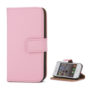 Genuine Split Leather Magnetic Folio Wallet Stand Case for iPhone 4 4S - Pink