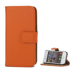 Genuine Split Leather Magnetic Folio Wallet Stand Case for iPhone 4 4S - Orange
