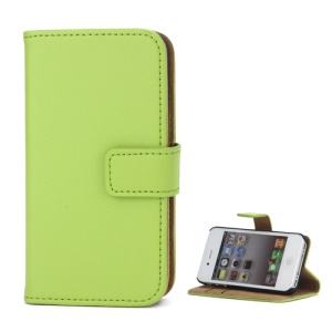 Genuine Split Leather Magnetic Folio Wallet Stand Case for iPhone 4 4S - Green