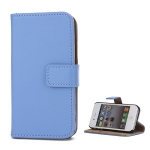 Genuine Split Leather Magnetic Folio Wallet Stand Case for iPhone 4 4S - Blue