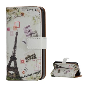 Eiffel Tower Postcard Design Card Holder Leather Stand Case for iPhone 4 4S