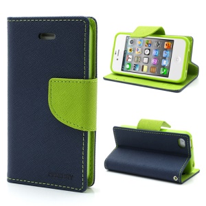 Mercury Fancy Diary PU Leather Wallet Flip Case for iPhone 4 4S - Green / Dark Blue