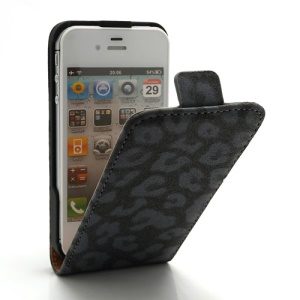 Vertical Magnetic Leopard Leather Case Cover for iPhone 4 4S - Black