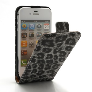 Vertical Magnetic Leopard Leather Case Cover for iPhone 4 4S - Grey