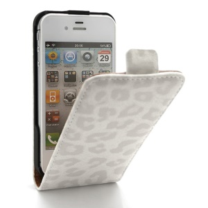 Vertical Magnetic Leopard Leather Case Cover for iPhone 4 4S - White