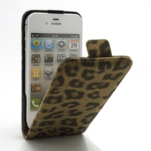 Vertical Magnetic Leopard Leather Case Cover for iPhone 4 4S - Brown