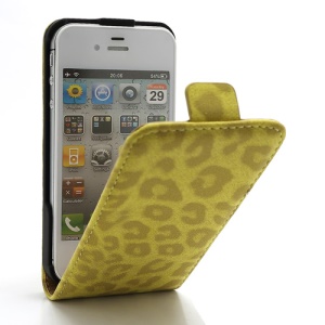 Vertical Magnetic Leopard Leather Case Cover for iPhone 4 4S - Yellow