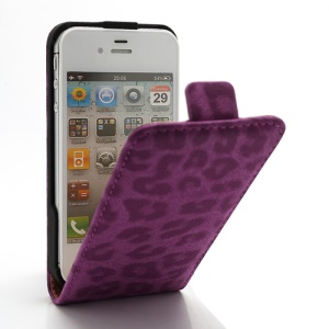 Vertical Magnetic Leopard Leather Case Cover for iPhone 4 4S - Rose
