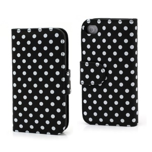 Polka Dot Folio Wallet Leather Phone Case for iPhone 4 4S - White Dots / Black