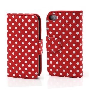 Polka Dot Folio Wallet Leather Phone Case for iPhone 4 4S -  White Dots / Red