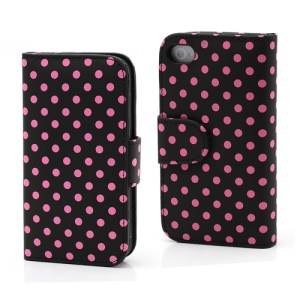 Polka Dot Folio Wallet Leather Phone Case for iPhone 4 4S - Rose Dots / Black