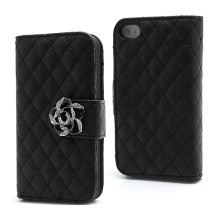 Rhombus Textured Leather Wallet Case for iPhone 4 4S with Diamante Flower Closure - Black