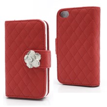 Rhombus Textured Leather Wallet Case for iPhone 4 4S with Diamante Flower Closure - Red