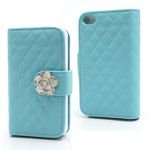 Rhombus Textured Leather Wallet Case for iPhone 4 4S with Diamante Flower Closure - Blue