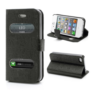 Cute Cartoon Pattern Table Talk Style Leather Flip Stand Case for iPhone 4 4S - Black