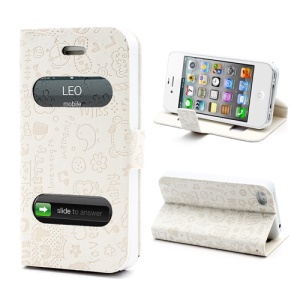 Cute Cartoon Pattern Table Talk Style Leather Flip Stand Case for iPhone 4 4S - White