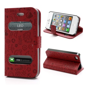 Cute Cartoon Pattern Table Talk Style Leather Flip Stand Case for iPhone 4 4S - Red
