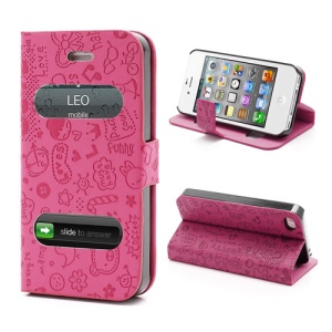 Cute Cartoon Pattern Table Talk Style Leather Flip Stand Case for iPhone 4 4S - Rose