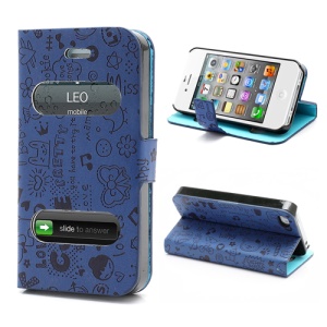 Cute Cartoon Pattern Table Talk Style Leather Flip Stand Case for iPhone 4 4S - Dark Blue