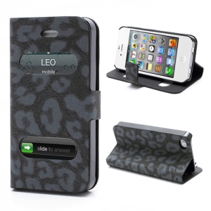 Table Talk Caller ID Leopard Leather Flip Case w/ Stand for iPhone 4 4S - Black