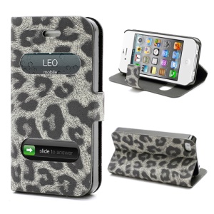 Table Talk Caller ID Leopard Leather Flip Case w/ Stand for iPhone 4 4S - Grey