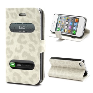 Table Talk Caller ID Leopard Leather Flip Case w/ Stand for iPhone 4 4S - White