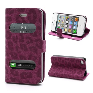 Table Talk Caller ID Leopard Leather Flip Case w/ Stand for iPhone 4 4S - Rose