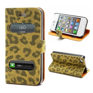 Table Talk Caller ID Leopard Leather Flip Case w/ Stand for iPhone 4 4S - Brown