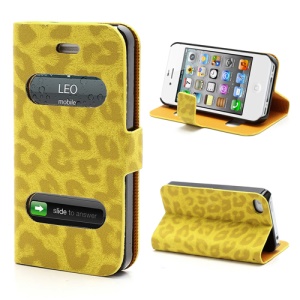 Table Talk Caller ID Leopard Leather Flip Case w/ Stand for iPhone 4 4S - Yellow