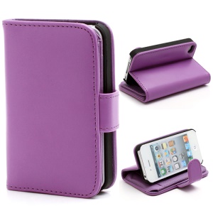 Multiple Card Slots Crazy Horse Leather Wallet Case w/ Stand for iPhone 4 4S - Purple
