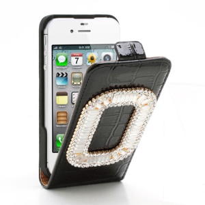 Sparkling Rhinestone Inlaid Crocodile Leather Magnetic Case for iPhone 4 4S - Black