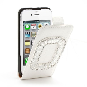 Sparkling Rhinestone Inlaid Crocodile Leather Magnetic Case for iPhone 4 4S - White