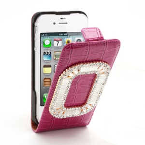 Sparkling Rhinestone Inlaid Crocodile Leather Magnetic Case for iPhone 4 4S - Rose