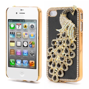 Bling Diamond 3D Peacock Leather Coated Plated Hard Case for iPhone 4 4S - Black